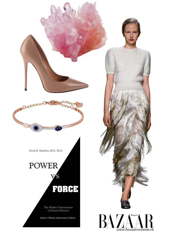 Đá thạch anh hồng. Giày, Jimmy Choo. Vòng tay, Swarovski. Đầm, Erdem. Sách Power vs. Force