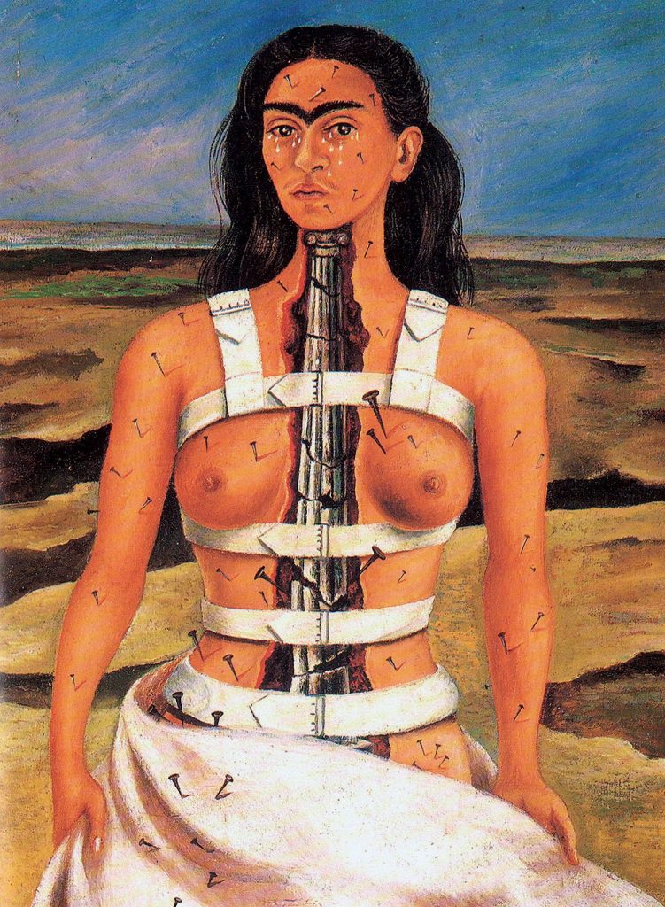 Tác phẩm The Broken Column (1944), phản ánh sức mạnh nội tại của Frida dù cơ thể bà phải chịu rất nhiều đau đớn do di chứng từ tai nạn Frida Kahlo