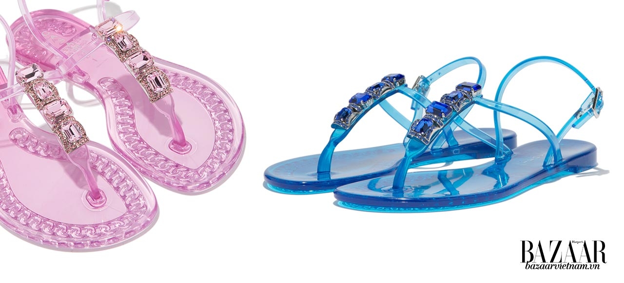 Dép Jelly Casadei bằng nhựa trong, đính đá pha lê Swarovski lấp lánh