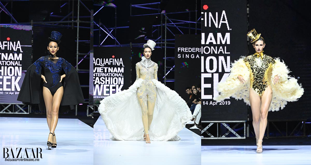 >Bodysuit, một phần của xu hướng athleisure mùa Hè 2019, được biến hóa cầu kỳ dưới bàn tay Frederick Lee.