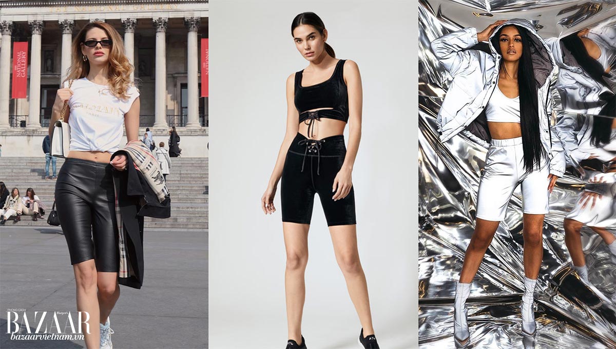 Từ trái sang: Fashionista mặc quần biker giả da. Kiểu quần biker shorts từ nhung đen của Carbon38. Quần biker shorts phom cứng, bằng chất liệu phản quang của thương hiệu Akira.
