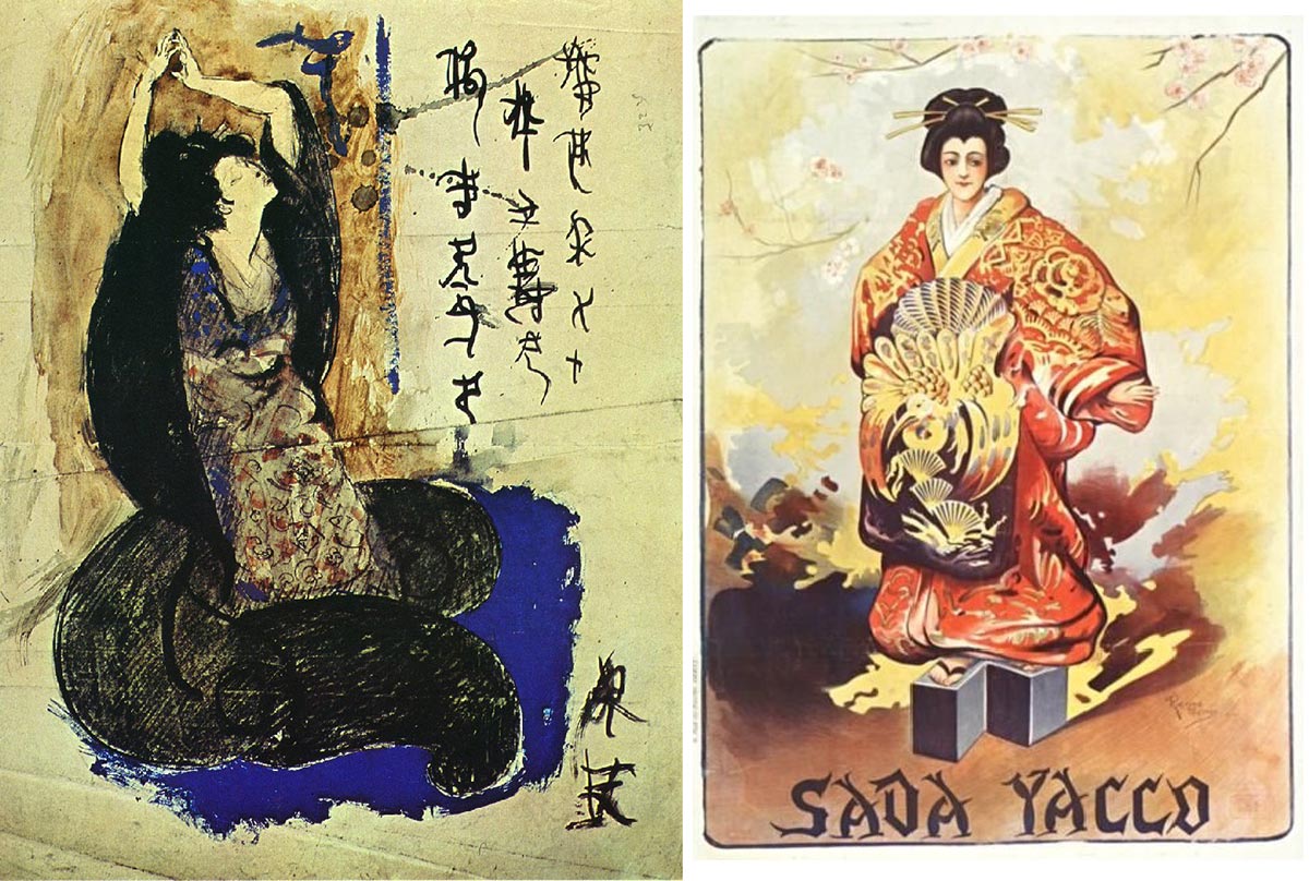 Trái: Sadayakko trong tranh gouache từ danh họa Picasso. Phải: Poster lithographe cho tour diễn của Sadayakko do Raymond Tournon thiết kế.