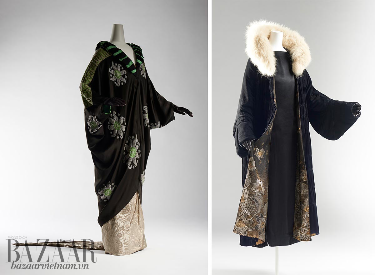 Lịch sử kimono: Trái: Áo khoác lụa lấy phom dáng kén tằm của Kimono Uchikake. Thiết kế của Amy Linker, Paris, 1913. Phải: Áo khoác viền lông thú. Thiết kế haute couture cho phép người mặc lộn chiếc áo khoác ra để mặc 2 mặt, một mặt nhung đen, một mặt lụa jacquard vàng sang trọng. Áo khoác của Madeleine Vionnet, Paris, 1925.