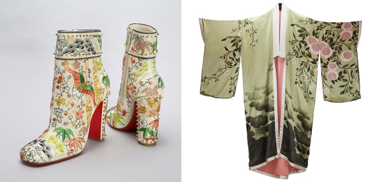 Lịch sử kimono: Trái: Giày bốt Christian Louboutin, Thu Đông 2017. Phải: Áo kimono khoác ngoài bằng lụa. Thiết kế của Tom Ford cho Gucci, Xuân Hè 2003