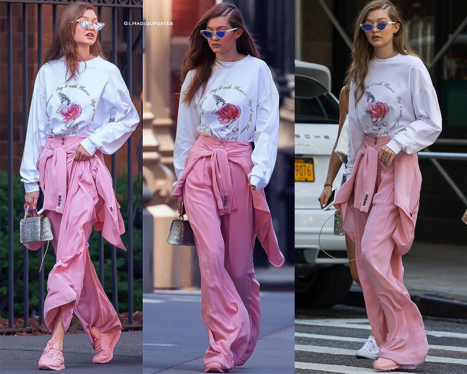 Gigi Hadid phối màu hồng và trắng