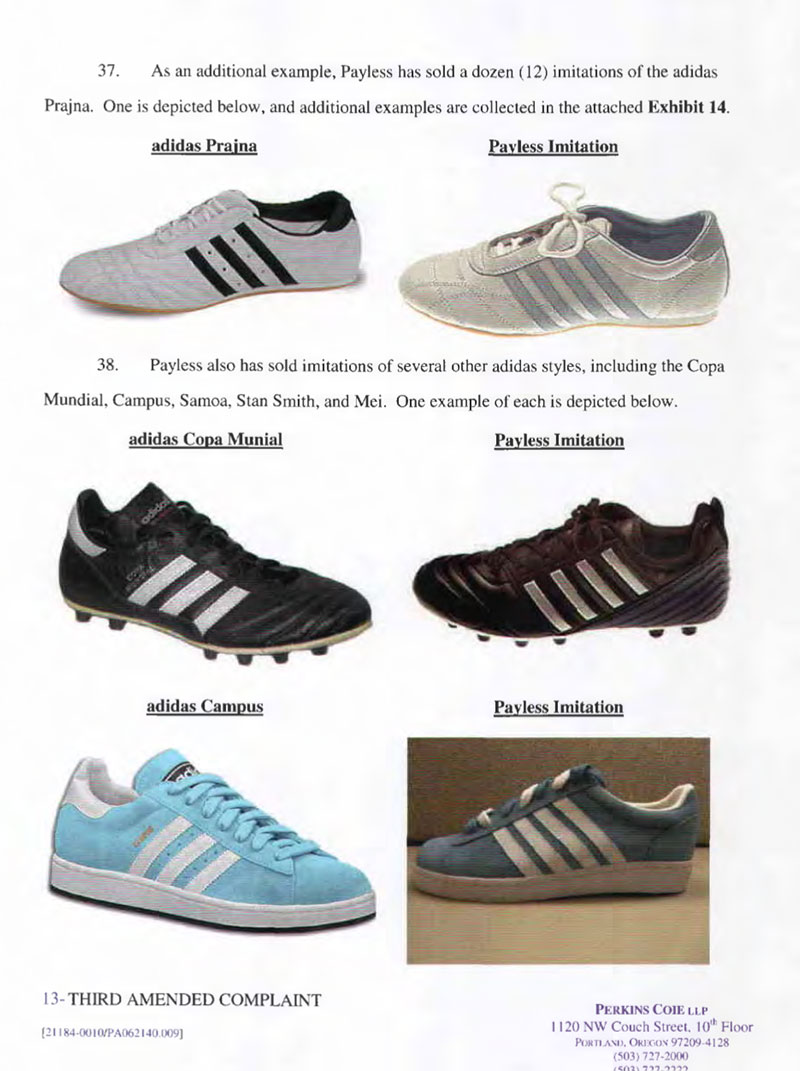 Trích dẫn một trang trong văn bản kiện Payless ShoeSource của Adidas. Thương hiệu đã trưng bày chi tiết cho 268 mẫu giày khác nhau.