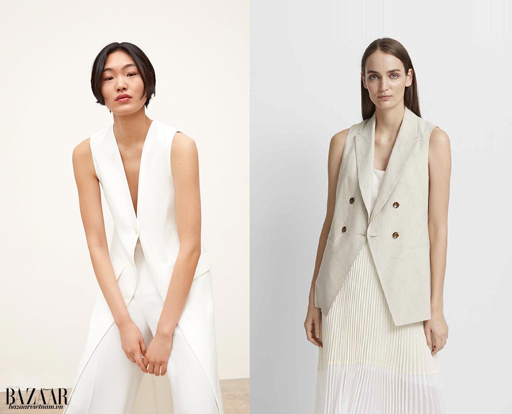 Thời trang công sở mùa hè. Trái: Áo vest dáng dài, Zara. Phải: Áo vest từ linen và viscose, Club Monaco.