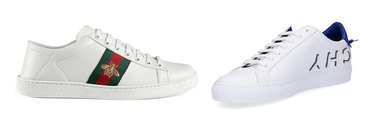 Trái: Giày thể thao bằng da Gucci. Phải: Giày thể thao bằng da Givenchy.