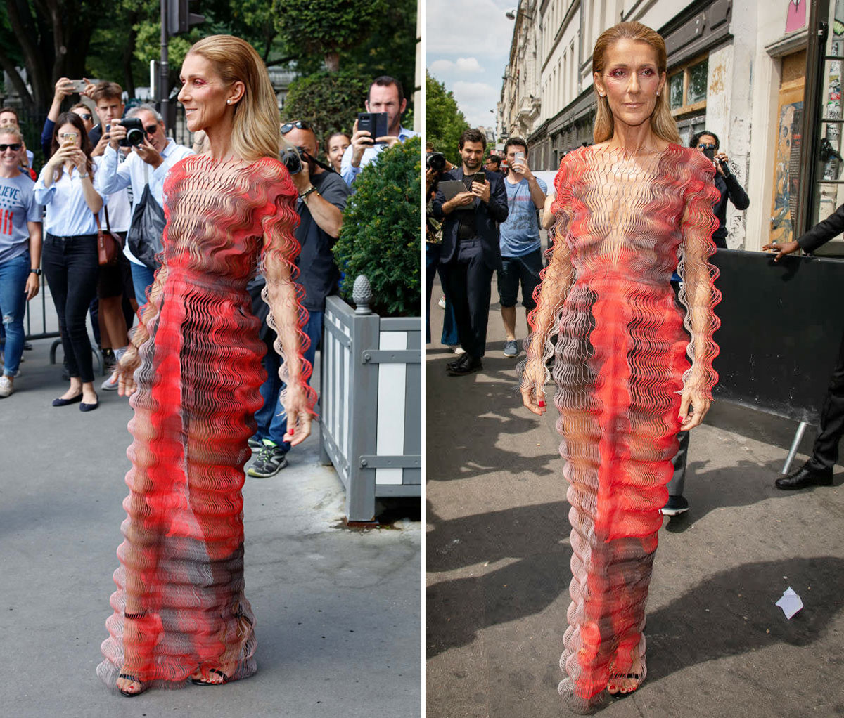 Thiết kế cutout xuyên thấu của Iris Van Herpen đã khiến nữ ca sỹ suýt nữa "lộ hàng" khi dẫm phải đuôi váy