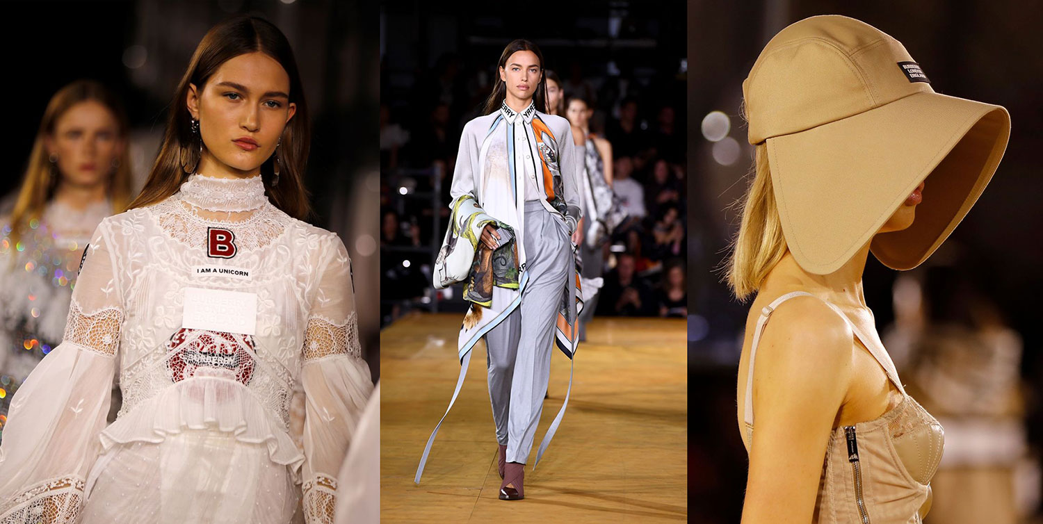 Ren, lụa nữ tính đối lập với chiếc mũ sport luxe tại show diễn Burberry Xuân Hè 2020