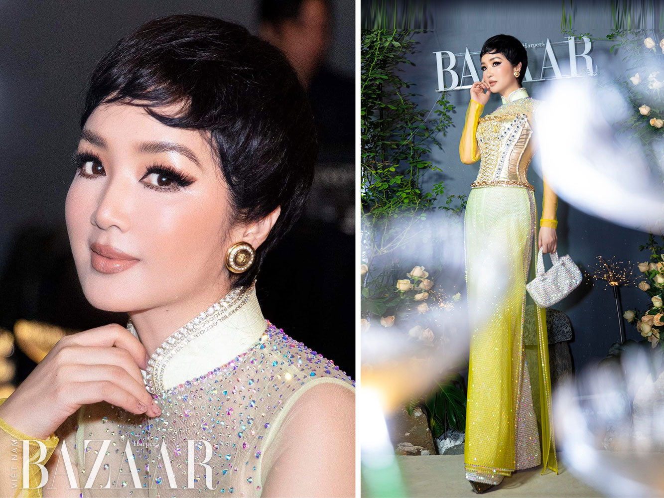 Giáng My lạ lẫm với mái tóc pixie và áo dài phối corset của Lê Long Dũng tại tiệc Harper's Bazaar Year End Party