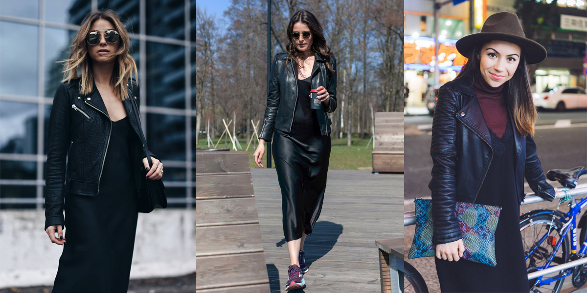 Slip dress phối cùng áo khoác da