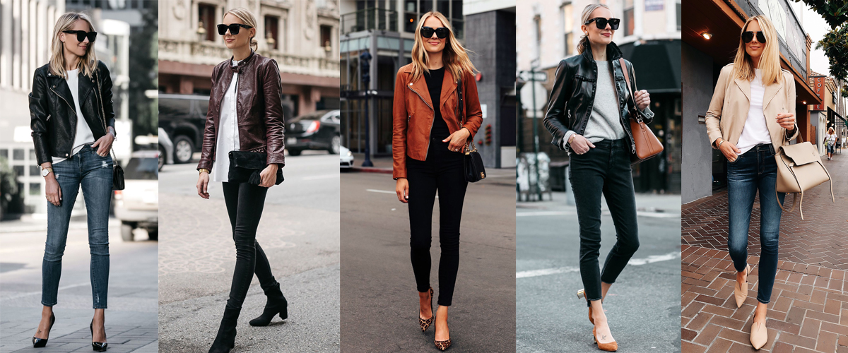 quần skinny phối áo khoác da 