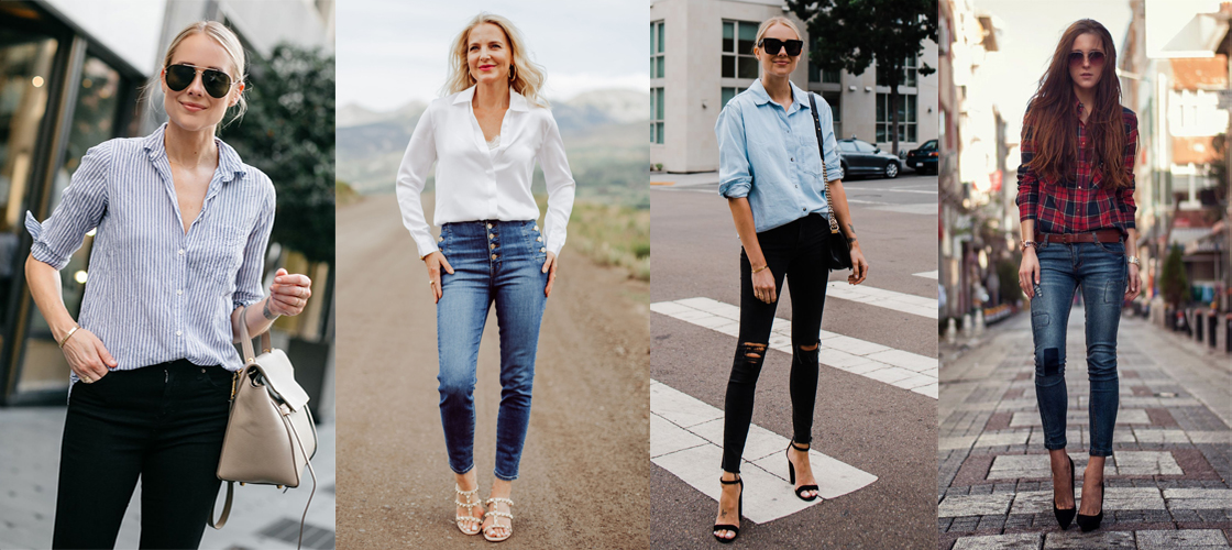 Quần skinny jeans + áo sơ mi