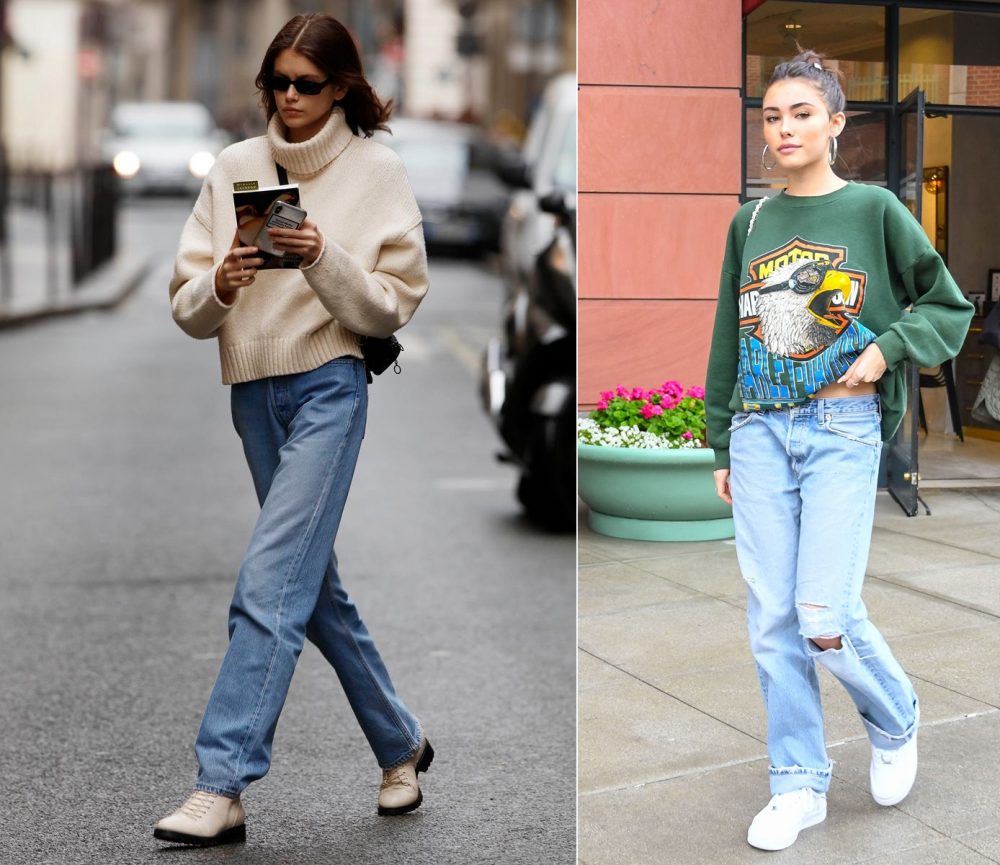 Quần jean ống rộng với áo sweater