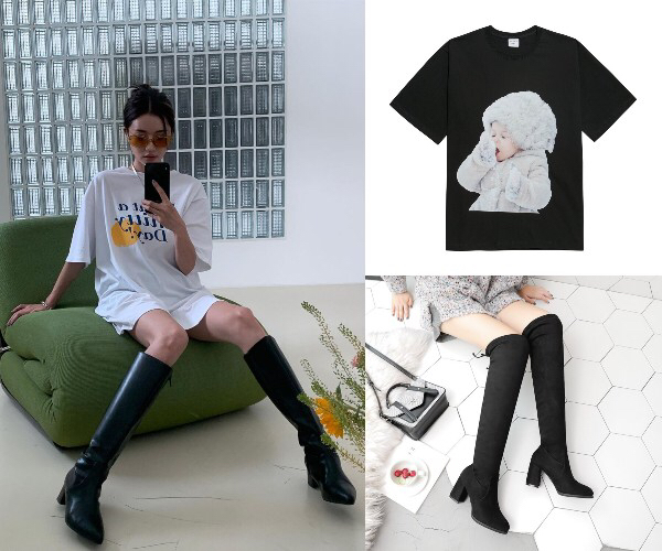 Cách mix áo thun form rộng và bốt cao