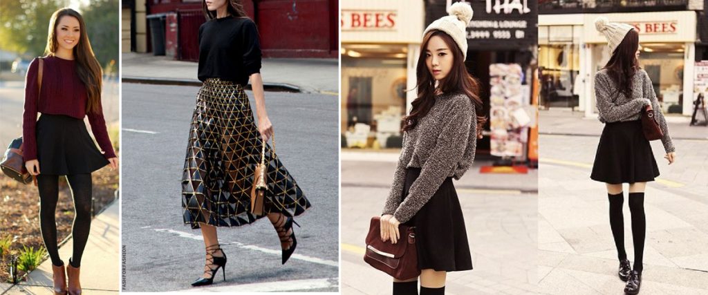 Cách phối đồ với chân váy xòe màu đen + áo len