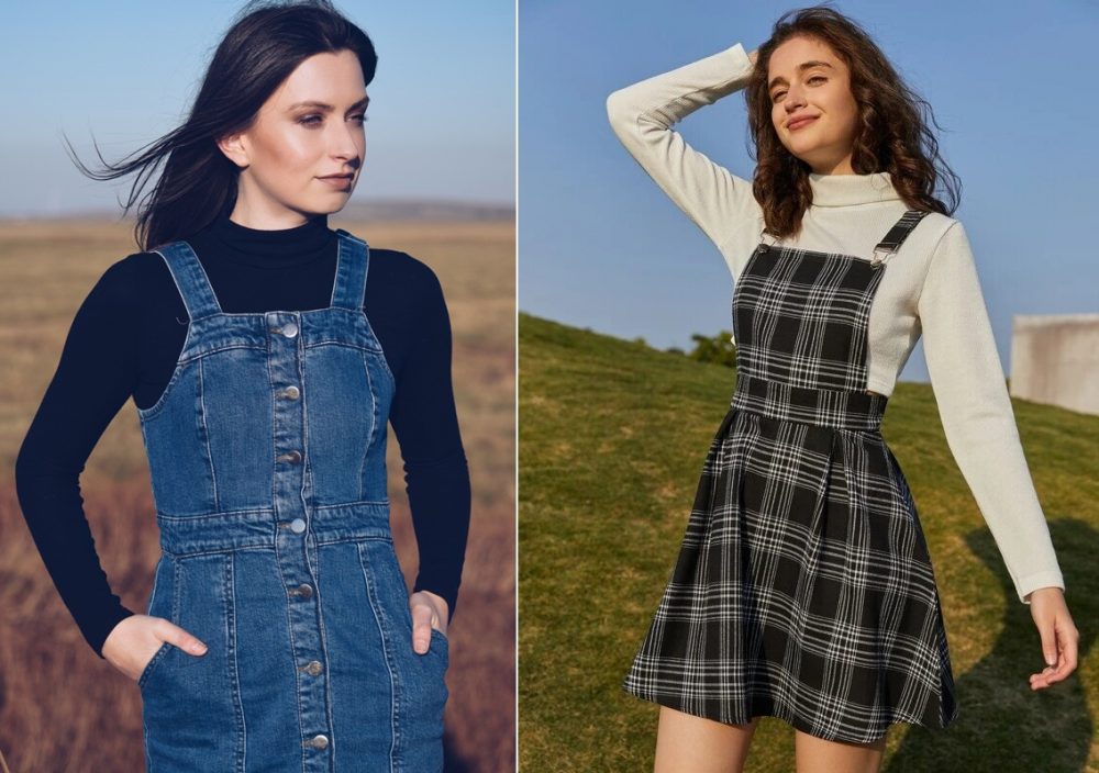 Váy yếm vải jean và họa tiết caro