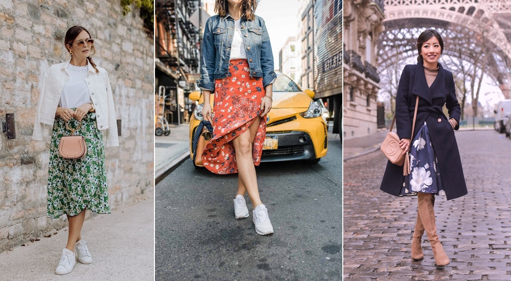 Chân váy hoa phối với áo jacket