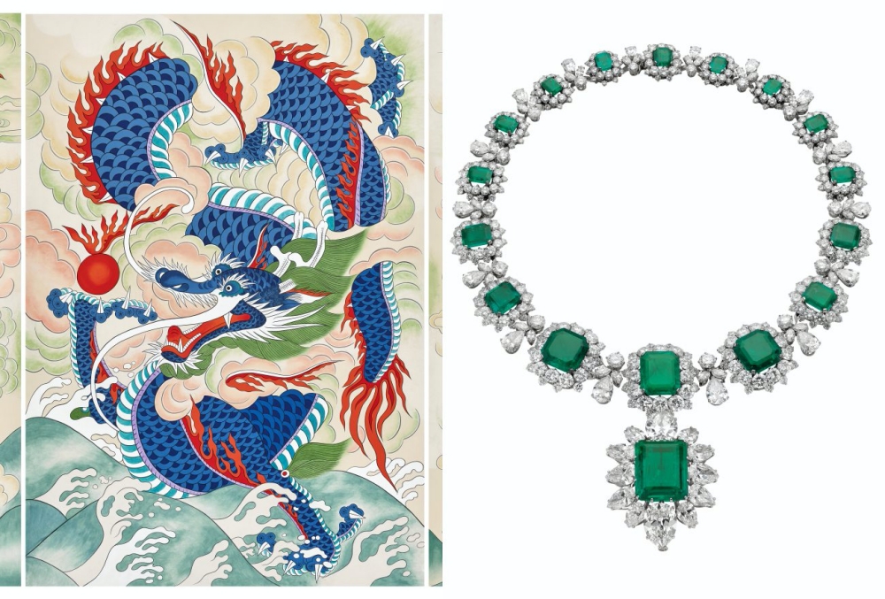 Tranh màu bột "Rồng xanh" của họa sỹ Oh Soon-kyeong và trang sức ngọc lục bảo của Bvlgari. Ảnh: glam.my.