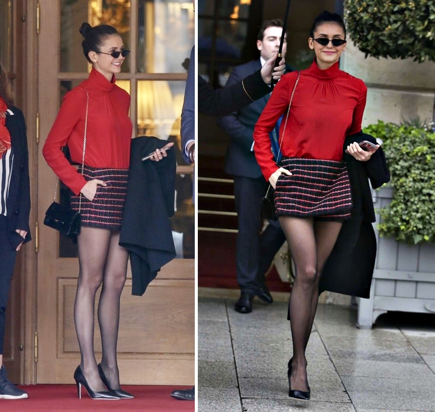 Nina Dobrev diện váy ngắn và đôi tất đen mỏng