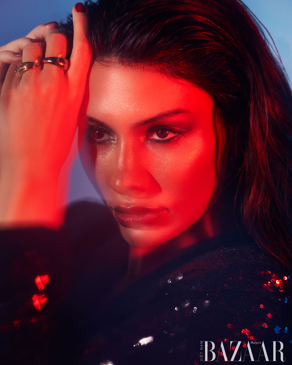 Selen esengin in black sequin blazer closeup