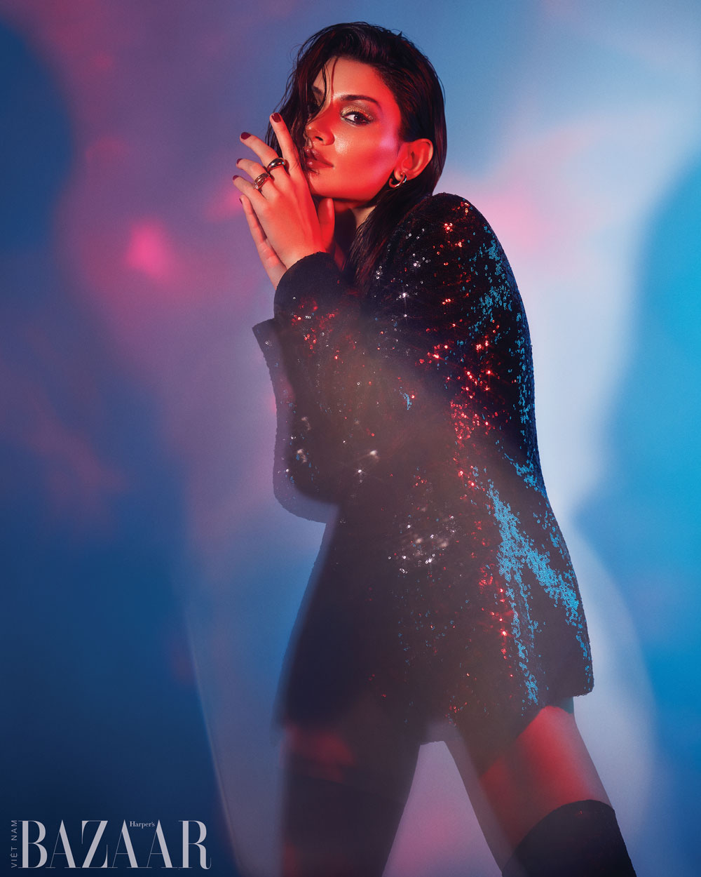 Selen esengin in black sequin blazer