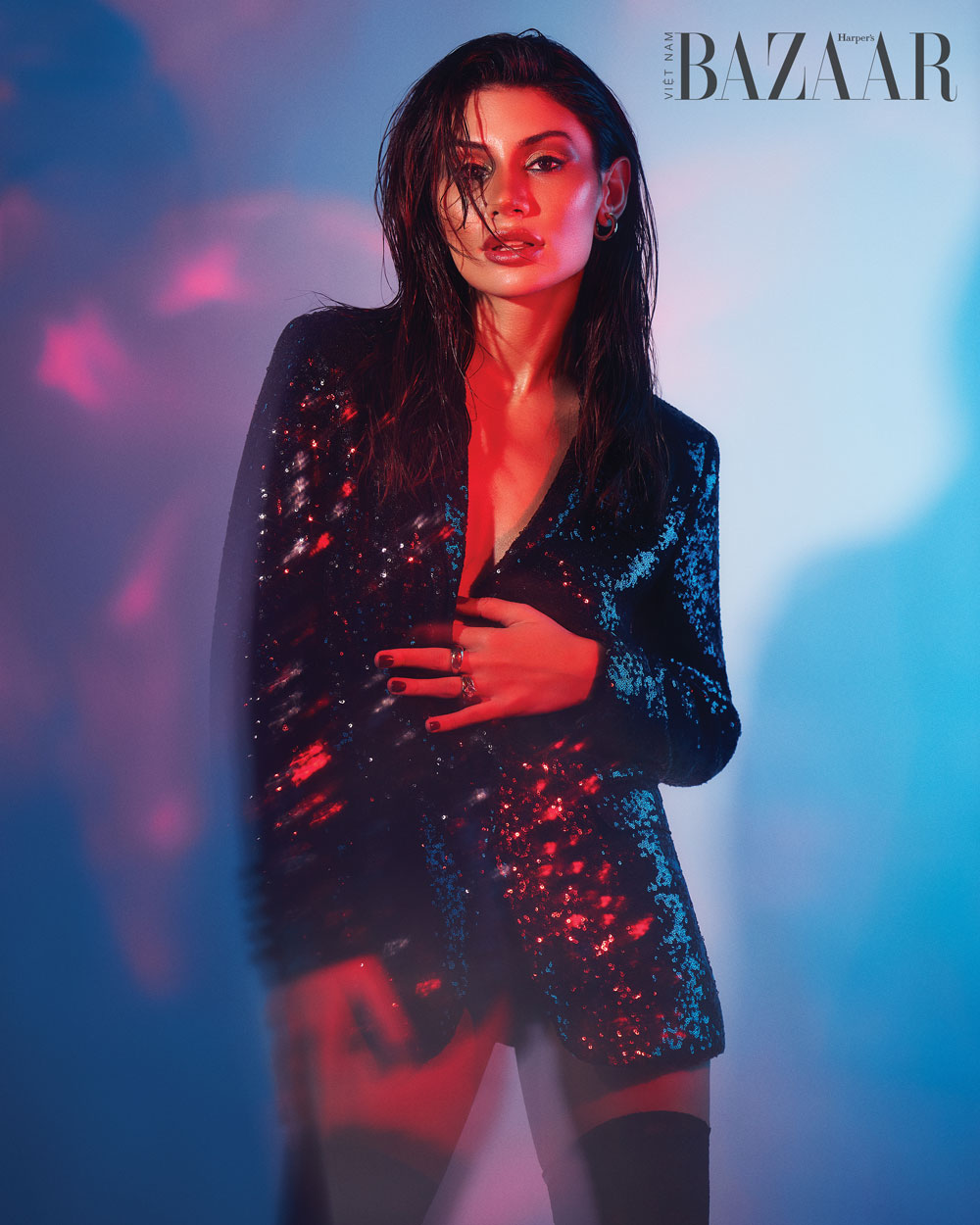 Selen esengin in black sequin blazer