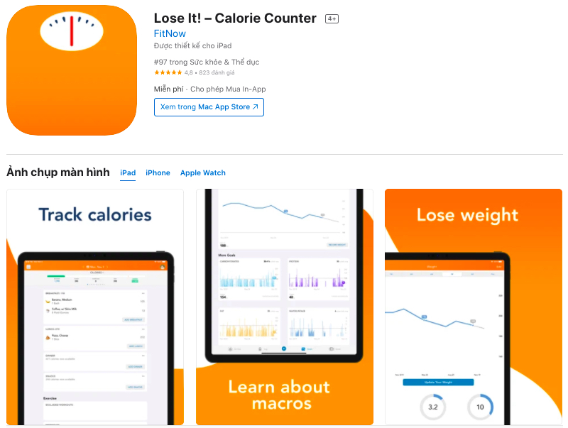 Phần mềm giảm cân tiếng Việt Lose it!