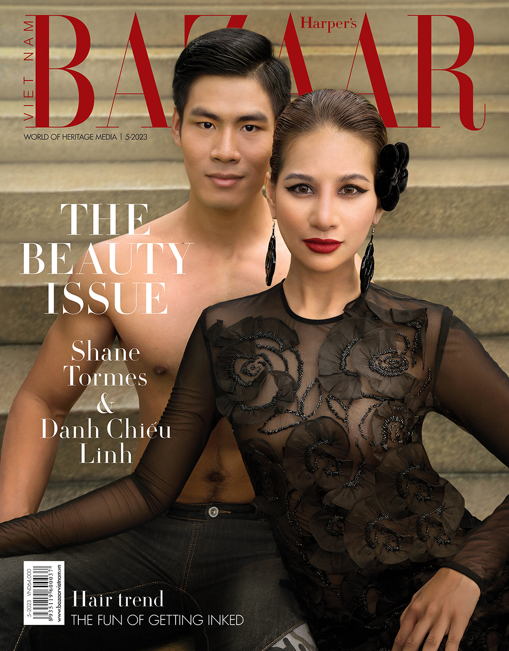 Miss Global 2022 Shane Tormes và Mister Global 2021 Danh Chiếu Linh trên trang bìa Harper’s Bazaar Việt Nam 5/23.