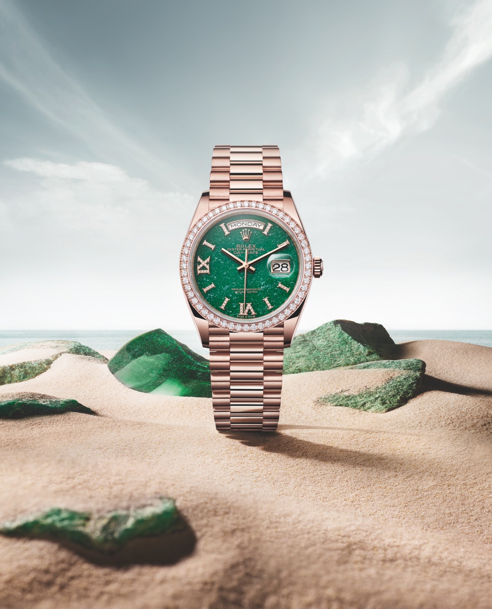 Đồng hồ Oyster Perpetual Day-Date 36, mặt số từ đá aventurine màu xanh lá