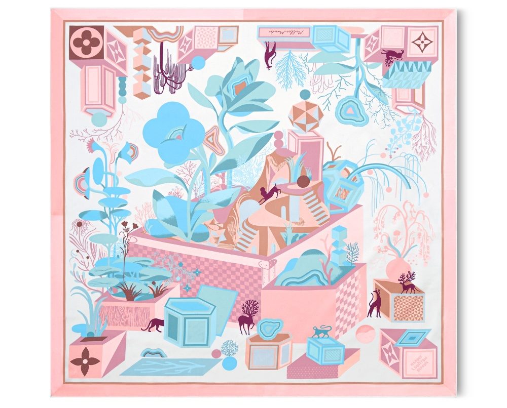 Mặt trước tác phẩm Malles Monde của LV Art Silk Squares.